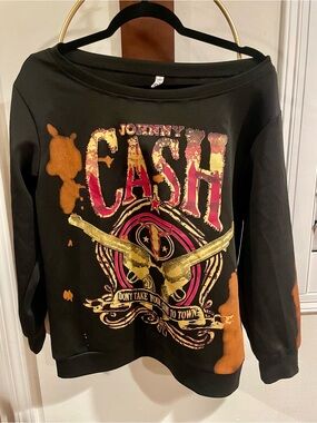Johnny Cash Graphic Black Sweatshirt with Gold & Pink Print